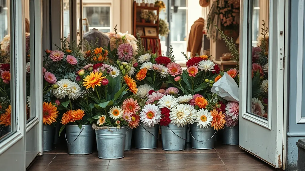 Flowers in the buckets at the front of the shop