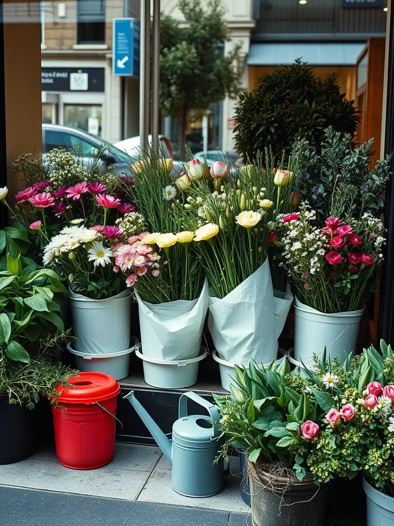Flowers in the buckets at the front of the shop